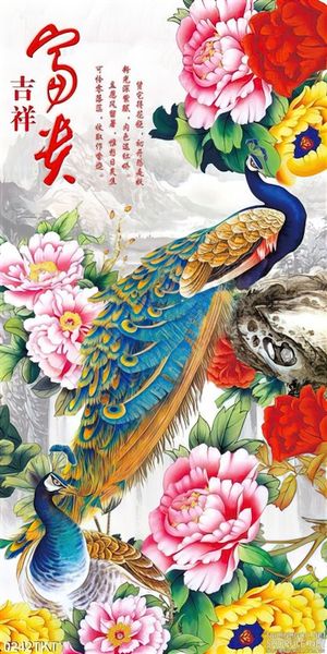 Tranh thư pháp chim công và hoa