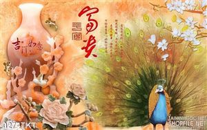 Tranh kim tiền chim công thư pháp