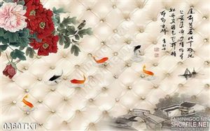 Tranh thư pháp hoa mẫu đơn và cá chép