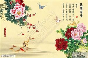 Tranh thư pháp hoa mẫu đơn cá chép