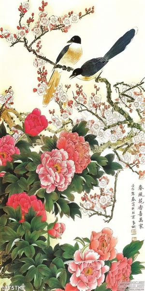 Tranh thư pháp hoa đào và mẫu đơn
