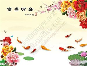 Tranh kim tiền hoa mẫu đơn cá chép