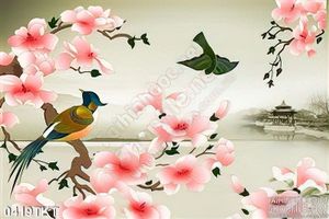 Tranh thư pháp hoa đào sơn thủy