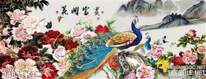 Tranh thư pháp cúc và hoa đào