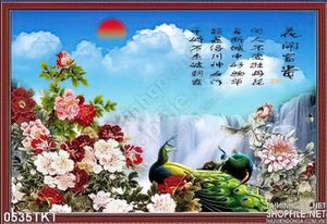 Tranh thư pháp hoa mẫu đơn và công