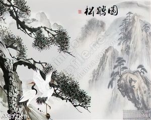 Tranh thư pháp chim hạc và sơn thủy