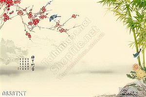 Tranh thư pháp cây tre và hoa đào