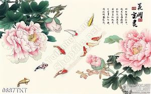 Tranh thư pháp hoa mẫu đơn và cá chép