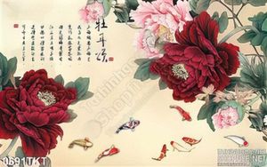 Tranh thư pháp hoa mẫu đơn và cá chép