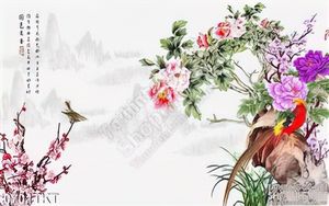 Tranh thư pháp hoa đào và chim yến