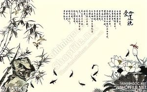 Tranh thư pháp cây trúc và cá chép