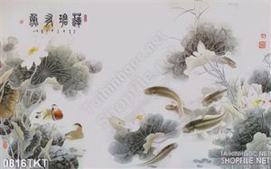 Tranh thư pháp cá chép và hoa