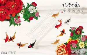 Tranh thư pháp hoa mẫu đơn và cá chép