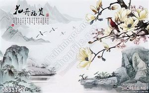Tranh thư pháp sơn thủy hoa mùa xuân