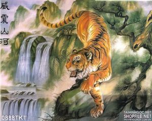 Tranh thư pháp hổ và phong cảnh