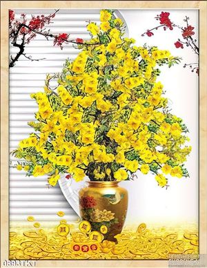 Tranh kim tiền chậu mai mùa xuân