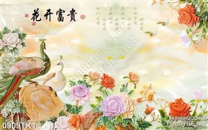 Tranh thư pháp chim công và hoa
