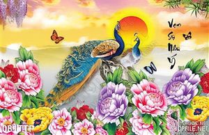 Tranh thư pháp hoa mẫu đơn và chim công