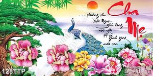 Tranh thư pháp chim công và hoa mẫu đơn