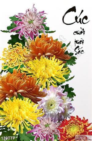 Tranh thư pháp Cúc cười tươi sắc
