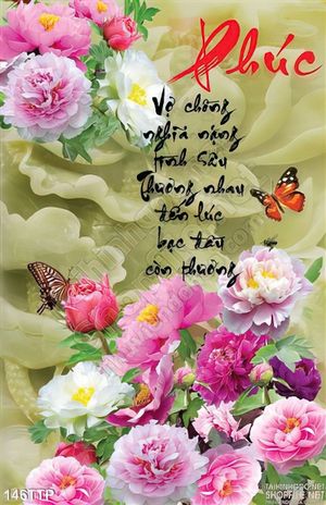 Tranh thư pháp  hoa mẫu đơn và chữ phúc