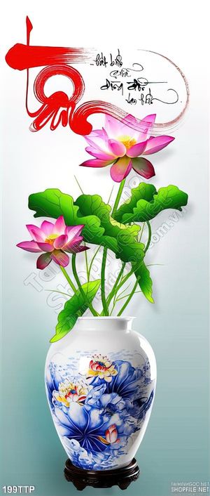 Tranh thư pháp chữ tâm và bình hoa sen