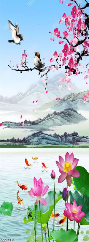 Tranh thư pháp in canvas hoa sen dưới cành đào
