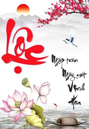 Tranh thư pháp trang trí chữ lộc bên con đò nhỏ