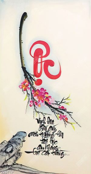 Tranh thư pháp in uv cành anh đào bên chữ lộc