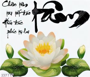 Tranh thư pháp in uv bông sen trắng bên chữ tâm