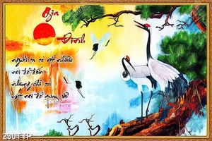 Tranh thư pháp nghệ thuật đôi chim hạc bên trăng