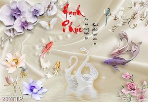 Tranh thư pháp treo tường đàn cá chép bên hoa