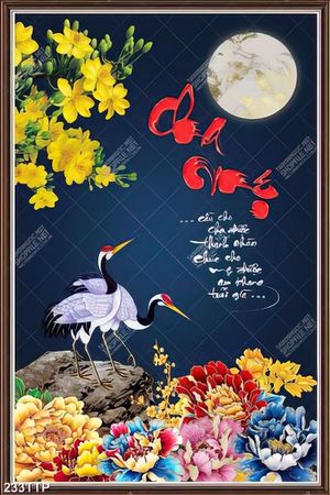 Tranh thư pháp trang trí ánh trăng bên đôi hạc