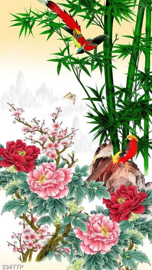 Tranh thư pháp in uv hàng tre xanh bên chim ri