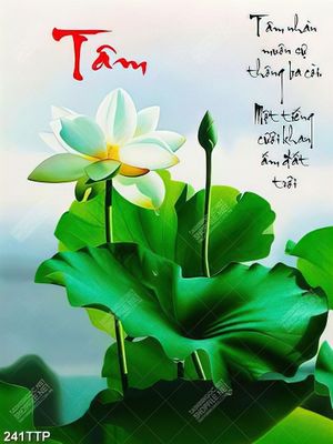 Tranh thư pháp in uv bông sen trắng bên chữ tâm