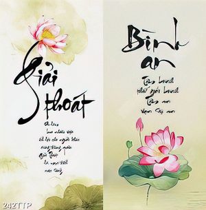 Tranh thư pháp trang trí câu đối bên hoa sen hồng
