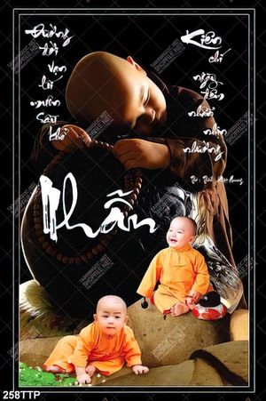 Tranh thư pháp trang trí chú tiểu bên chữ nhẫn