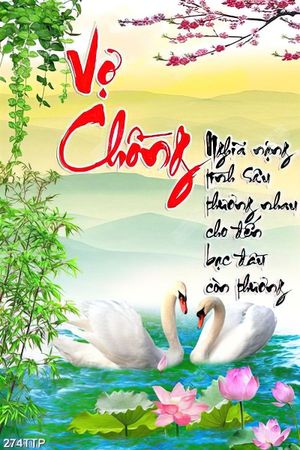 Tranh thư pháp trang trí đôi thiên nga trên sông