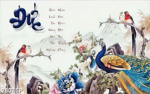 Tranh thư pháp treo tường chữ đức bên đàn chim