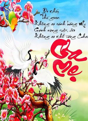 Tranh thư pháp trang trí đôi chim hạc bên hoa đào