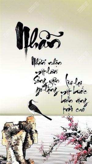 Tranh thư pháp in canvas cành hoa anh đào bên hồ