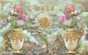 Tranh thư pháp trang trí bình hoa sen bên cá chép