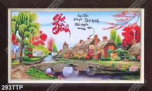Tranh thư pháp in 3d ngôi nhà nhỏ bên chiếc cầu