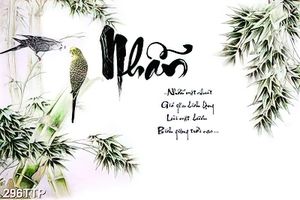 Tranh thư pháp treo tường đôi chim non bên chữ nhẫn