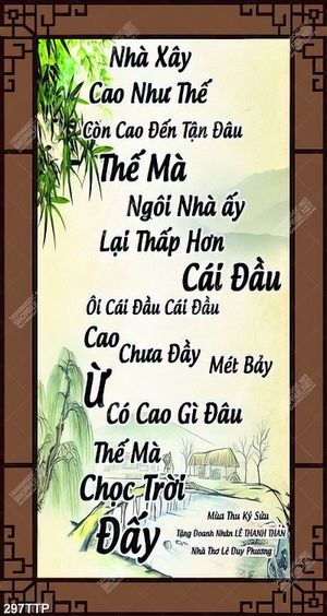 Tranh thư pháp trang trí cành tre xanh bên ngôi nhà