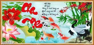 Tranh thư pháp nghệ thuật bông hoa sen và cá chép