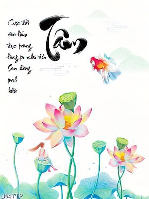Tranh thư pháp trang trí chữ tâm bên đầm hoa sen