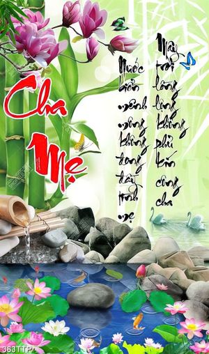 Tranh thư pháp in 3d cành hoa mộc lan bên con suối