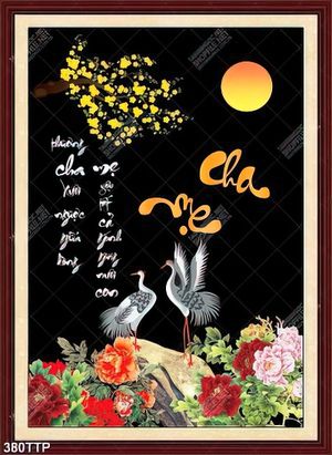 Tranh thư pháp in 3d đôi chim hạc trên cành mai