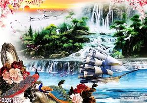 Tranh thuận buồm xuôi gió thác nước và con chim công